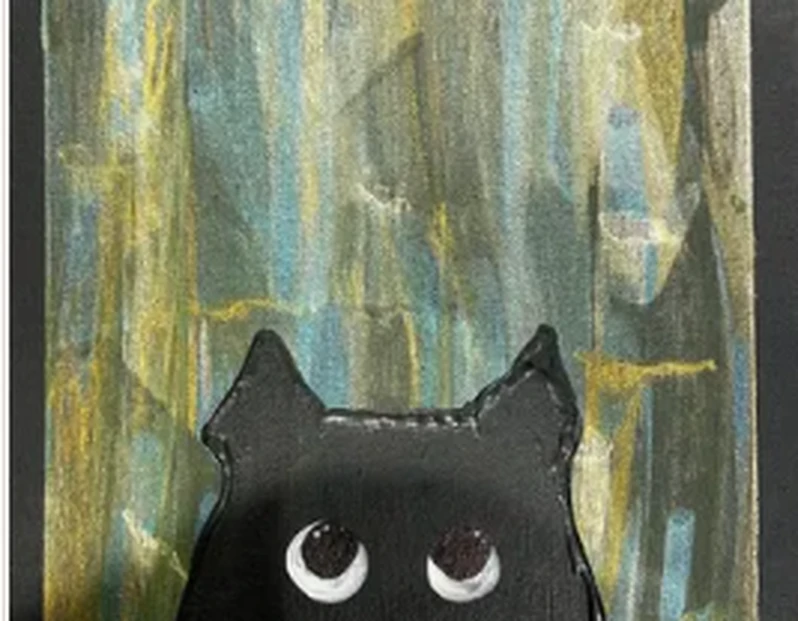 A Little Cat, a World of Wonder, whimsical black cat painting with expressive eyes