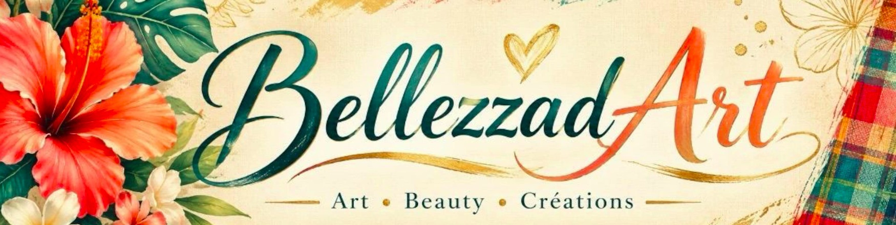 BellezzadArt Etsy banner featuring vivid tropical flowers, teal BellezzadArt lettering, coral highlights and the words Art Beauty Créations