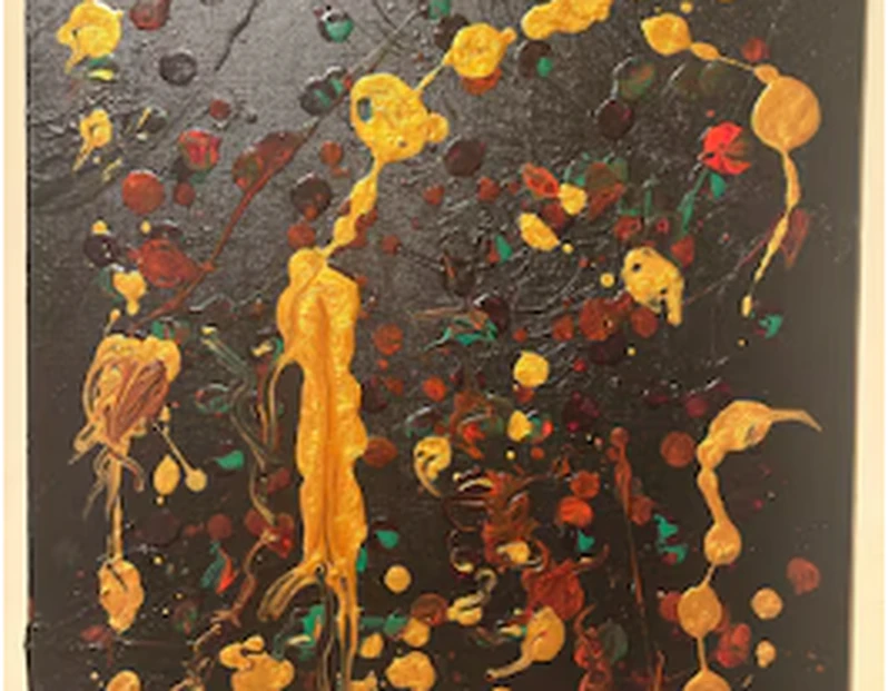 Embers in the Dark, original expressive painting with vibrant orange and gold on a dark ground