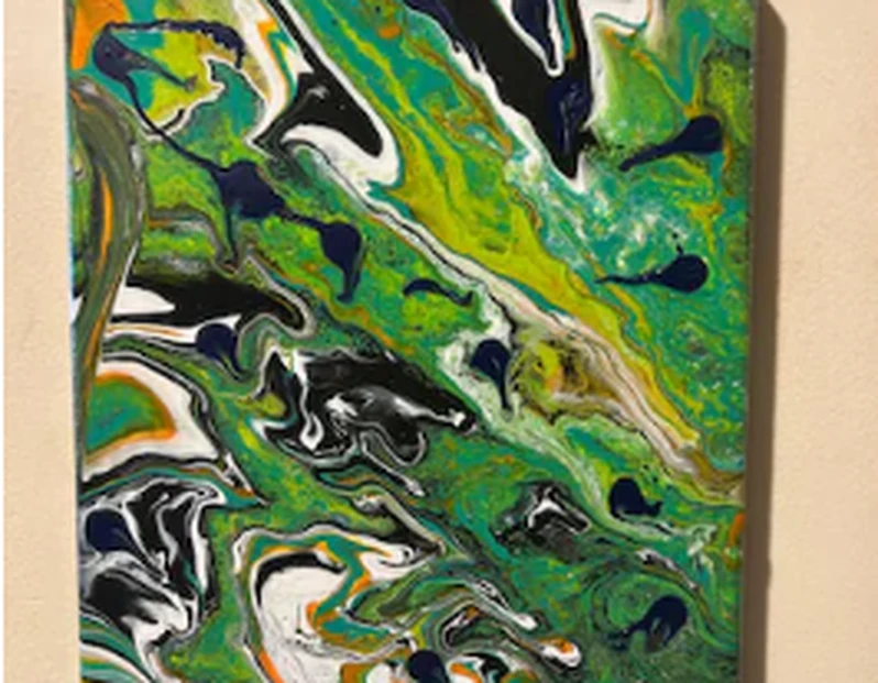 Where the Earth Dreams, swirling green black and white fluid art acrylic painting