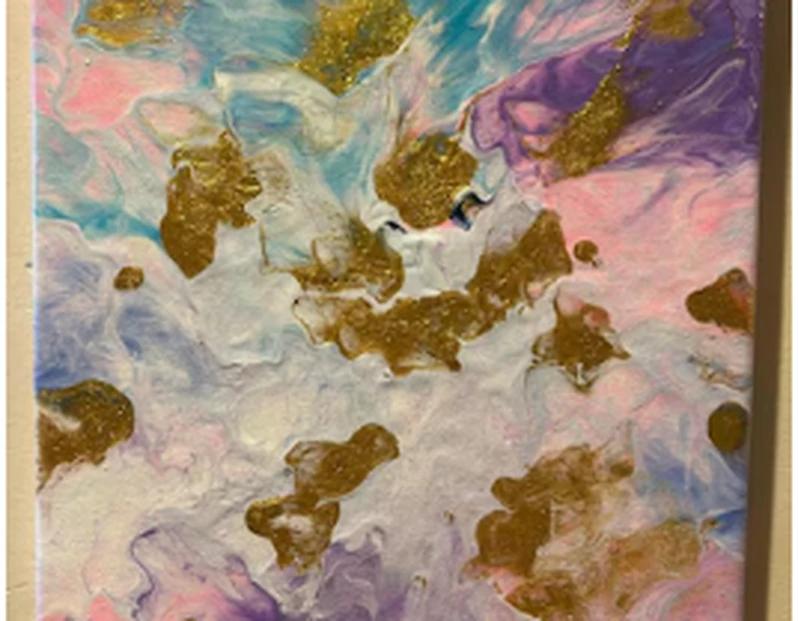 Where the Sky Keeps Its Gold, dreamy pastel abstract artwork with gold accents
